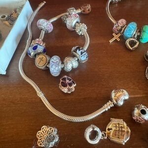 Pandora Silver Bracelets with Murano glass beads and Enamel and silver Charms